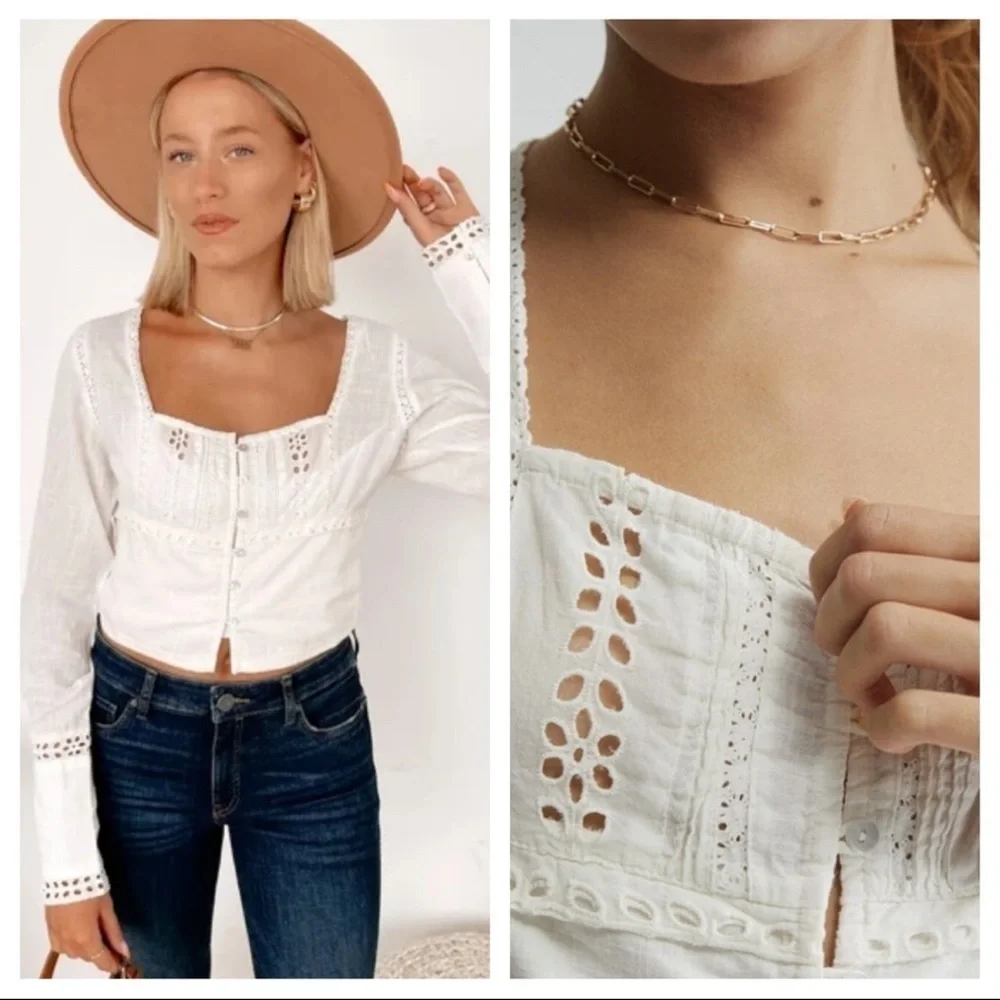 FREE PEOPLE JOI eylet crop blouse top ivory Lace-Trimmed Women's Top size XS